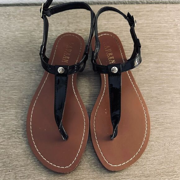 Ralph Lauren Black Patent Flat Sandals 7 - Picture 1 of 5